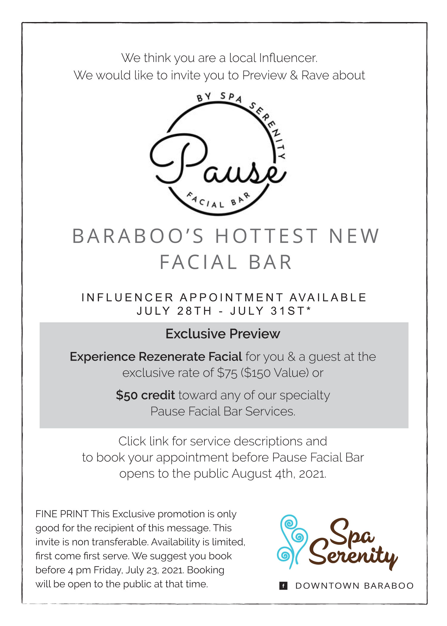 Pause Facial Bar Influencer Invite