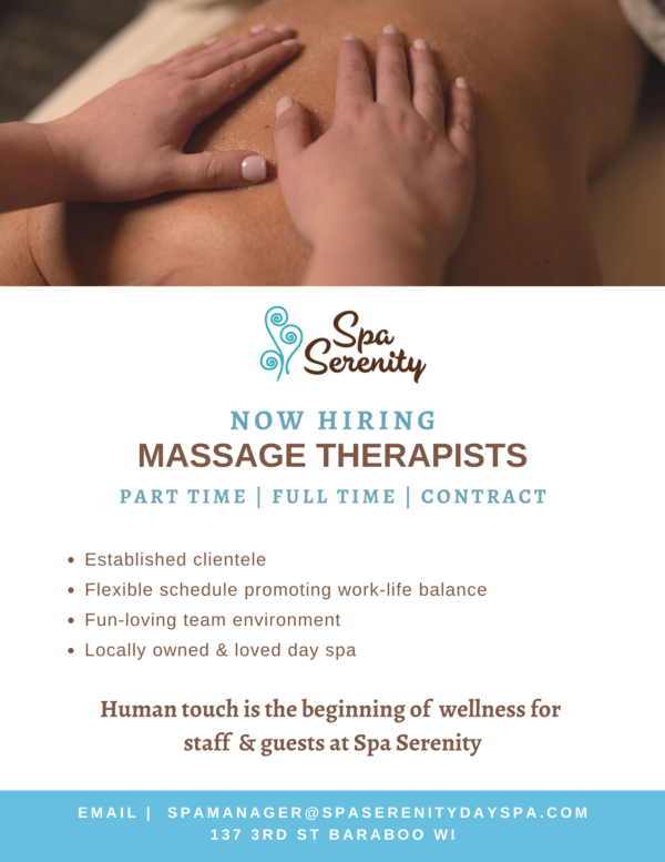 now hiring massage therapists at spa serenity baraboo