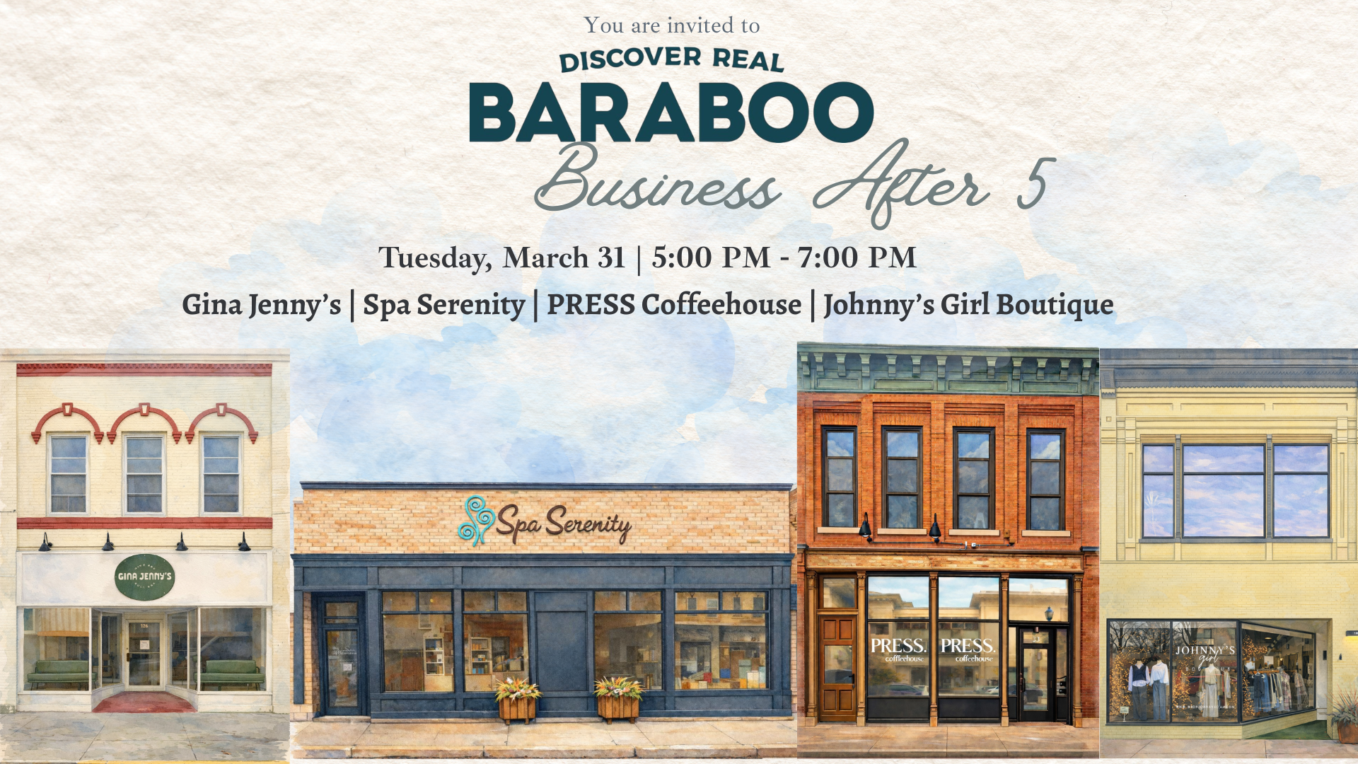Business After 5 event invitation featuring Spa Serenity and Downtown Baraboo businesses